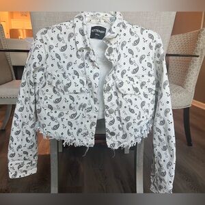 Kittenish Jesse James Decker Cropped Paisley Jean Jacket.